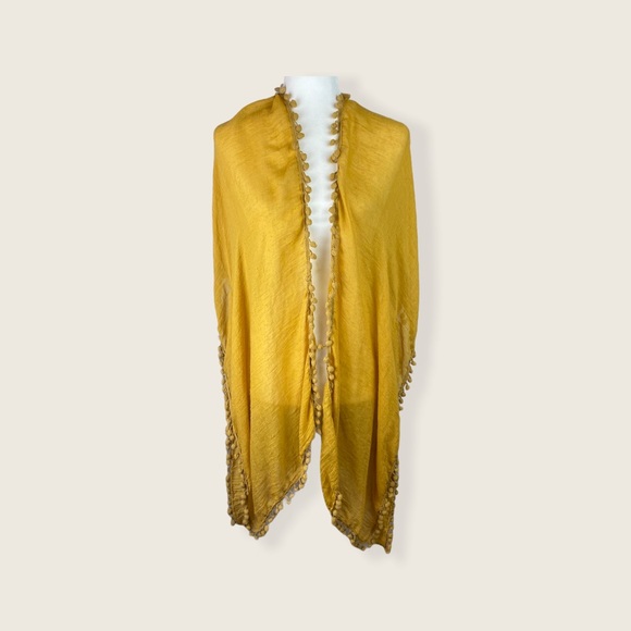 Other - Embroidered floral mustard yellow kimono with poms